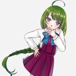  1girl ahoge blue_eyes braid collared_shirt commentary_request dress dress_shirt green_hair grey_background halter_dress halterneck hand_on_own_hip highres kantai_collection lacecats mole mole_under_mouth one-hour_drawing_challenge purple_dress shirt simple_background single_braid solo standing white_shirt yuugumo_(kancolle) 
