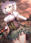  1girl black_gloves black_ribbon blush boots breasts brown_legwear center_frills ciel_alencon closed_mouth cloud cloudy_sky commentary_request corset cross-laced_clothes day dutch_angle eyebrows_visible_through_hair frilled_shirt frills gloves god_eater god_eater_2:_rage_burst green_skirt hair_ribbon hair_rings highres holding holding_weapon juliet_sleeves knee_boots kneehighs large_breasts layered_skirt leg_up long_sleeves neck_ribbon outdoors outstretched_arm puffy_sleeves purple_footwear red_neckwear red_ribbon reuri_(tjux4555) ribbon ruins shirt short_hair skirt sky smile solo telstar thighs twintails underbust weapon white_shirt 
