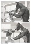 absurd_res anthro black_and_white bodily_fluids canid canine canis clothing comic dark_body dark_fur domestic_dog dominant dominant_male dragon dripping duo european_mythology floppy_ears folded_ears fur grabbing_face grabbing_head hands_on_partner hands_on_shoulders happy hi_res horn interspecies licking licking_another licking_lips licking_partner male male/male mammal monochrome mythological_creature mythological_scalie mythology nude patreon pngx saliva saliva_drip saliva_on_tongue saliva_string scalie sharp_teeth teeth text tongue tongue_out url western_dragon
