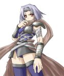 1girl 2000s_(style) adjusting_scarf armor assassin_(ragnarok_online) bandages bandages_over_clothes belt breasts brown_cape brown_scarf cape closed_mouth commentary_request cowboy_shot elehime grey_belt grey_hair grey_hairband hairband leotard looking_at_viewer medium_breasts muneate orange_eyes pauldrons purple_leotard purple_thighhighs ragnarok_online scarf short_hair shoulder_armor simple_background solo thighhighs vambraces waist_cape white_background 