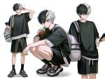  1boy bag black_eyes black_hair black_shirt black_shoes black_shorts blush cellphone closed_mouth cup disposable_cup drinking_straw heterochromia highres holding holding_cup holding_phone hyohls2_(hamao3o) male_focus multicolored_hair multicolored_shoes multiple_views phone sakura_haruka_(wind_breaker) shirt shoes shorts shoulder_bag smartphone sneakers split-color_hair t-shirt two-tone_hair white_hair white_shirt white_shoes wind_breaker_(nii_satoru) yellow_eyes 