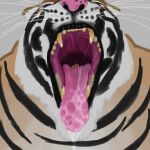 1:1 anthro averagebovinebuddy beard bodily_fluids close-up digital_media_(artwork) digital_painting_(artwork) drooling eyes_closed facial_hair fangs felid feline hi_res looking_at_viewer mammal micro mouse mouth_shot murid murine open_mouth orange_body painting_(artwork) pantherine rodent saliva size_difference speckled_nose stripes teeth throat tiger vore whiskers white_body