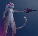 absurd_res accessory anthro biped breasts clitoris countershade_face countershade_fur countershade_neck countershade_torso countershading dawnlux dewast_(matralogia) digital_media_(artwork) dipstick_tail domestic_cat felid feline felis female fingers fur genitals gun hair hair_accessory hair_tie handgun hi_res highlights_(coloring) holding_gun holding_object holding_ranged_weapon holding_weapon leg_wrap magazine_(gun) mammal markings multicolored_body multicolored_fur navel nipples nude pink_hair ranged_weapon simple_background small_breasts solo standing tail tail_markings tied_hair tuft vulva weapon white_body white_fur white_hair yellow_eyes