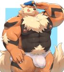 abs anthro anthrofied arcanine areola barazoku black_body black_fur briefs briefs_only bulge clothed clothing detailed_bulge fluffy fluffy_chest fur generation_1_pokemon genital_outline hat headgear headwear hi_res huge_thighs male manly muscular muscular_anthro muscular_arms muscular_male nintendo nipples o-ro officers'_hat orange_body orange_fur partially_clothed penis_outline pokemon pokemon_(species) police police_hat silly silly_face solo thick_arms thick_thighs tongue tongue_out topless underwear underwear_only white_body white_fur
