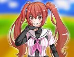  1girl agatsuma_sora baseball_uniform black_gloves blurry blurry_background cinderella_series clenched_teeth commentary_request fingerless_gloves gloves hachigatsu_no_cinderella_nine hand_on_own_chin highres long_hair neckerchief outdoors pink_neckerchief red_eyes red_hair renta_kita sailor_collar satogahama_baseball_uniform shirt shirt_under_shirt smile solo sportswear striped_clothes striped_shirt sweatdrop teeth twintails vertical-striped_clothes vertical-striped_shirt white_sailor_collar 