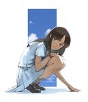  bracelet brown_eyes brown_hair cloud day jewelry looking_at_viewer original school_uniform serafuku sky solo squatting tko_(kkk66) 