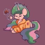 2018 clothing coffee_mug dessert digital_media_(artwork) doughnut eating equid equine eyes_closed female feral food friendship_is_magic hair hasbro horn horse levitating_object lying_on_ground mammal messy_hair my_little_pony mythological_creature mythological_equine mythology on_ground pastry pony princess_celestia_(mlp) robe solo tired typhwosion winged_unicorn wings