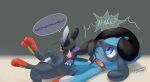 absurd_res anthro anus blue_body blue_eyes blue_fur blush bodily_fluids butt butt_sniffing collar dripping duo fakemon fan_character feral fur generation_4_pokemon genital_fluids genitals hi_res larger_sub looking_at_another lying lying_on_ground male male/male nahi nintendo on_back on_ground open_mouth penis penis_on_face pokemon pokemon_(species) precum precum_drip riolu rioni simple_background size_difference sniffing submissive surprised tail tail_around_head tail_around_partner tail_motion tapering_penis text zorio