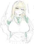  1girl :3 blonde_hair blush breasts cardigan cloak collared_shirt earrings fingernails genderswap genderswap_(mtf) green_eyes green_necktie hair_intakes hand_on_own_hip hand_up harry_potter_(series) hogwarts_school_uniform holding holding_wand hoop_earrings huge_breasts jewelry long_fingernails long_hair looking_at_viewer malfoid necktie school_uniform shirt simple_background solo suisogenshi swept_bangs wand white_background wizarding_world 