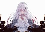  1girl bang_dream! bang_dream!_our_notes blood blood_in_hair chain's choker closed_mouth commentary dress english_commentary flower grey_scarf highres long_hair long_sleeves neck_ribbon own_hands_together purple_eyes ribbon scarf shiomi_hotaru simple_background solo white_background white_choker white_dress white_hair 