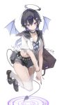  1girl absurdres alternate_costume bag bandaid bandaid_on_arm barbell_piercing black_choker black_hair black_nails black_sailor_collar black_shoes black_skirt blue_hair bracelet breasts choker cleavage commentary cropped_shirt demon_girl demon_tail demon_wings double_finger_gun ear_piercing eyepatch finger_gun fingernails floating frilled_choker frills gag garter_straps hair_between_eyes hair_ornament hairclip halo highres ichinose_uruha industrial_piercing jewelry large_breasts loafers long_fingernails long_hair looking_at_viewer magic_circle medical_eyepatch midriff miniskirt momochi_tamalu mouth_hold multicolored_hair nail_art nail_polish navel own_hands_together piercing pleated_skirt purple_eyes sailor_collar school_bag school_uniform serafuku sharp_fingernails shirt shoes simple_background skirt solo spiked_ear_piercing stuffed_toy tail thighhighs untranslatable_commentary unworn_gag virtual_youtuber vspo! white_background white_shirt white_thighhighs wings 