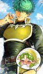  1boy 1girl absurdres armor black_shirt blue_sky blush breastplate closed_mouth cloud covered_eyes covering_face english_commentary fire_emblem fire_emblem:_the_blazing_blade flying_sweatdrops hair_over_eyes highres lowen_(fire_emblem) male_focus misokatsuhaumai rebecca_(fire_emblem) second-party_source shirt sky smile solo_focus sparkle spoken_character sweat 