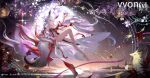  1girl absurdres animal_ear_fluff animal_ears arm_up artist_name black_dress breasts chest_tattoo chinese_commentary closed_mouth commentary_request cup dress forehead_tattoo fox_ears fox_girl fox_tail full_body full_moon hair_ornament highres holding holding_cup hsin_(wuthering_waves) large_breasts long_hair looking_at_viewer moon orange_eyes smile solo tail tattoo v-von white_hair wuthering_waves 