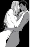  2girls aomine_daiki breast_press breasts commentary completely_nude dark-skinned_female dark_skin darksea_(9696i23) genderswap genderswap_(mtf) genderswap_on_genderswap greyscale hand_on_another's_waist hands_on_another's_shoulders highres interracial kise_ryouta kuroko_no_basuke large_breasts long_hair monochrome multiple_girls nude parted_lips short_hair symmetrical_docking yuri 