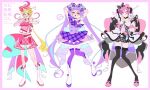  1boy 2girls :q adapted_costume asymmetrical_gloves averting_eyes back_bow black_hair blonde_hair blue_eyes boots border bow commentary cosplay cure_idol cure_idol_(cosplay) cure_kyunkyun cure_kyunkyun_(cosplay) cure_prism cure_sky cure_wing cure_zukyuun cure_zukyuun_(cosplay) cut_bangs detached_sleeves dress dress_bow finger_to_mouth flying_sweatdrops frilled_shorts frills gloves gradient_hair hair_bow hair_ornament heart heart_arms heart_hands high-low_dress highres hirogaru_sky!_precure holding idol_heart_incom kimi_to_idol_precure knee_boots large_bow licking_lips long_hair looking_at_viewer magical_boy magical_girl medium_dress midriff multicolored_hair multiple_girls navel nijigaoka_mashiro one_eye_closed open_mouth pink_border precure purple_hair shirt short_shorts shorts showgirl_skirt single-shoulder_dress sky_mirage sleeveless sleeveless_shirt sora_harewataru spoken_heart standing standing_on_one_leg streaked_hair sweatdrop thigh_boots thighhighs tongue tongue_out two-tone_hair very_long_hair watermark white_background yaya_0810 yellow_eyes yuunagi_tsubasa 