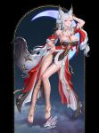  1girl absurdres animal_ear_fluff animal_ears arm_up bare_shoulders barefoot black_dress breasts chest_tattoo commentary_request dress fingernails forehead_tattoo fox_ears fox_girl fox_tail full_body hair_ornament highres hsin_(wuthering_waves) korean_commentary large_breasts logo long_fingernails long_hair looking_at_viewer nail_polish orange_eyes parted_lips red_nails single_hair_intake sky smile solo star_(sky) starry_sky tail tattoo toenail_polish toenails ttang_ttang white_hair wuthering_waves 