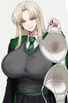  1girl absurdres black_cloak black_skirt blonde_hair bra breasts cardigan cloak collared_shirt commentary_request earrings genderswap genderswap_(mtf) green_eyes green_necktie grey_background grey_cardigan grin harry_potter_(series) harutoyumaarts highres hogwarts_school_uniform holding holding_bra holding_underwear holding_unworn_clothes hoop_earrings huge_breasts jewelry long_hair long_sleeves looking_at_viewer malfoid necktie parted_bangs pleated_skirt school_uniform shirt sidelocks skirt smile textless_version underwear white_bra white_shirt wizarding_world 