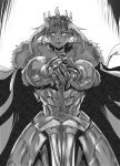  1girl ahoge armor armored_dress artoria_pendragon_(fate) breastplate cloak commentary crown dress excalibur_(fate/stay_night) fate/grand_order fate_(series) faulds fur-trimmed_cloak fur_trim gauntlets greyscale highres long_sleeves looking_at_viewer lord_logres_(fate) lord_logres_(third_ascension)_(fate) medium_hair minew monochrome sidelocks smile solo sword weapon 