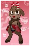 anthro antlers balls blush blushcrunch_studio bottomwear brown_body brown_fur chastity_cage chastity_device clothed clothing clothing_aside clothing_lift dandy's_world deer dialogue femboy fur genitals heart-shaped_pupils hi_res hooves horn ilikeshrimpdick looking_at_viewer male mammal new_world_deer red_background red_bottomwear red_clothing red_nose red_skirt reindeer roblox rudie_(dandy's_world) simple_background skirt skirt_lift solo tail tail_motion tailwag text thong thong_aside toon_(dandy's_world) underwear underwear_aside watermark