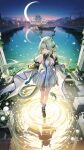  1girl 54cr ai-generated arknights arknights:_endfield armpit_crease blue_butterfly blue_eyes blunt_bangs boat breasts bug butterfly center_opening commentary crescent_moon dandelion detached_sleeves dragon_girl dragon_horns dress eastern_dragon_horns flower full_body green_arm green_hair green_horns highres horns long_hair medium_breasts moon night outdoors pointy_ears scales si_(arknights) socks solo tail very_low_bun watercraft white_dress white_socks 