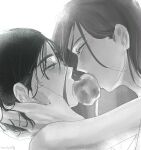  2girls alien_stage apple black_hair blush bob_cut commentary english_commentary food from_side fruit hair_between_eyes highres long_hair mizi_(alien_stage) monochrome multiple_girls short_hair sora6291 sua_(alien_stage) 