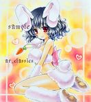  animal_ears at_classics bare_shoulders black_hair bunny_ears bunny_tail carrot carrot_necklace inaba_tewi jewelry marker_(medium) necklace pendant red_eyes sample short_hair sitting solo tail touhou traditional_media wariza 