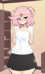  1girl :< absurdres alternate_costume artist_name averting_eyes black_skirt blush breasts casual choker closed_mouth commentary cowboy_shot doki_doki_literature_club english_commentary figure frown grey_choker hair_ornament hair_ribbon hands_on_own_chest hands_up heart heart_choker highres indoors looking_to_the_side miniskirt natsuki_(doki_doki_literature_club) nose_blush paid_reward_available pink_eyes pink_hair pleated_skirt red_ribbon ribbon shelf shirt short_hair signature skirt small_breasts solo sparkle sparkling_aura split_mouth standing strap swept_bangs textless_version the_fish_art two_side_up variant_set white_shirt x_hair_ornament 