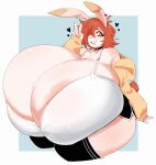2026 absurd_res anthro big_breasts black_bottomwear black_clothing black_legwear black_shorts black_thigh_highs bottomwear bow_bra bra breasts choker clare_(themushlord) cleavage clothed clothing deep_cleavage dolphin_shorts ear_piercing eyelashes female fur gesture hair hair_over_eye hand_gesture heart_choker heart_ear_piercing heart_symbol hi_res hoodie huge_breasts hyper hyper_breasts jewelry lagomorph legwear leporid mammal necklace off_shoulder orange_eyes orange_hair piercing pink_body pink_fur rabbit shorts solo tail thigh_highs topwear underwear v_sign vetarix white_bra white_clothing white_underwear yellow_clothing yellow_hoodie yellow_topwear