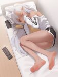  1girl absurdres animal_ear_fluff animal_ears ass bare_legs bare_shoulders barefoot black_shirt black_shorts blush cellphone choko_(hrodvitnir) closed_mouth controller couch dolphin_shorts extra_ears feet full_body grey_hair hair_between_eyes highres hugging_object indoors legs long_hair long_sleeves looking_at_viewer lying multicolored_shirt multicolored_shorts on_couch on_side one_eye_closed original pharamacom phone pillow pillow_hug pointy_ears red_eyes remote_control shirt short_shorts shorts smartphone soles solo strap_slip thighs toes translation_request two-tone_shirt two-tone_shorts very_long_hair waking_up white_hair white_shirt white_shorts 
