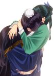  1boy 1girl 9ru_ki aqua_hair arms_around_another's_waist arms_around_neck bandaged_wrist bandages beads blue_ribbon blue_robe bun_cover chinese_clothes commentary_request green_shirt hair_beads hair_bun hair_ornament hair_ribbon half_updo hetero highres hug jinshi_(kusuriya_no_hitorigoto) kusuriya_no_hitorigoto long_hair maomao_(kusuriya_no_hitorigoto) purple_hair ribbon robe shirt white_background 