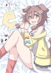  1girl :d absurdres animal animal_ears bare_shoulders bed_sheet blush bone_hair_ornament braid breasts brown_hair cartoon_bone commentary dog dog_ears dog_girl dog_tail dress fang feet_out_of_frame futo-inu hair_between_eyes hair_ornament hands_up highres hololive hoso-inu inugami_korone inugami_korone_(1st_costume) jacket listener_(inugami_korone) long_hair long_sleeves low_twintails lying medium_breasts off_shoulder on_side open_clothes open_jacket puffy_long_sleeves puffy_sleeves red_eyes red_socks sleeveless sleeveless_dress smile socks tail twin_braids twintails umberblack virtual_youtuber white_dress yellow_jacket 
