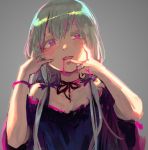  1girl :d bangs blush choker commentary_request dress fangs grey_background grey_hair hands_up head_tilt long_hair looking_at_viewer low_twintails noccu open_mouth pink_choker pink_eyes pink_neckwear pink_ribbon purple_dress ribbon ribbon_choker simple_background smile solo sophie_twilight tonari_no_kyuuketsuki-san twintails upper_body wide_sleeves yandere_trance 