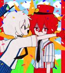  2boys :/ :d aho_no_sakata averting_eyes black_eyes black_mouth black_necktie blue_hat blue_shirt cloud commentary_request confetti crossed_bangs day double-parted_bangs gloves hair_between_eyes hat highres indie_utaite kepi looking_to_the_side mafumafu male_focus mesmerizer_(vocaloid) military_hat multiple_boys necktie no_nose no_sclera ohyo91 outdoors outside_border outstretched_arm pillarboxed profile red_eyes red_gloves red_hair red_hat shirt shirt_tucked_in short_hair short_sleeves smile sparkling_eyes striped_clothes striped_shirt suspenders sweatdrop upper_body utaite v-shaped_eyebrows vertical-striped_clothes vertical-striped_shirt white_hair white_shirt 