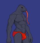 abs anthro black_body black_scales bottomwear bulge claws clothing epic_games fortnite half-length_portrait hi_res komodo_dragon leo-arts lizard long_tongue looking_sideways male monitor_lizard muscle_tone muscular muscular_anthro piercing portrait red_clothing red_eyes red_thong red_underwear reptile scales scalie simple_background solo thong thunder_(fortnite) tight_bottomwear tight_clothing tongue tongue_out tongue_piercing underwear