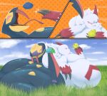 2024 belly berry blue_sky comic duo feral food fruit fur generation_3_pokemon grass hi_res morbidly_obese nintendo obese outside overweight plant pokemon pokemon_(species) seviper shweetmagnet sky white_body white_fur zangoose