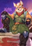 2026 5_fingers anthro armor belt big_bulge biped boots bottomwear bulge canid canine clothed clothing detailed_bulge digital_media_(artwork) fingerless_gloves fingers footwear fox fox_mccloud fur genital_outline gloves green_eyes grin handwear hi_res huge_bulge koko2unite legwear looking_at_viewer male male_anthro mammal multicolored_body multicolored_fur muscular muscular_anthro muscular_male nintendo orange_body orange_fur penis_outline seductive shoes short_male shortstack sitting smile smiling_at_viewer smirk solo spread_legs spreading star_fox text topwear tuft url vest white_body white_fur