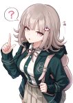  1girl :o ? absurdres backpack bag black_jacket black_shirt breasts brown_hair brown_skirt collared_shirt commentary_request cowboy_shot danganronpa_(series) danganronpa_2:_goodbye_despair dress_shirt flipped_hair green_jacket hair_ornament hand_up highres hood hood_down hooded_jacket index_finger_raised jacket large_breasts long_sleeves looking_at_viewer medium_hair miniskirt nanami_chiaki neck_ribbon open_clothes open_jacket pink_bag pink_eyes pink_ribbon pleated_skirt ribbon rrtp shirt shirt_tucked_in simple_background skirt solo spaceship_hair_ornament speech_bubble spoken_question_mark two-tone_shirt white_background white_shirt 
