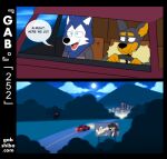 2026 2_horns 5_fingers anthro bau_husky being_watched billboard black_body black_fur blue_body blue_eyes blue_fur brown_body brown_countershading building canid canine canis car clothed clothing coat colored comic countershading dialogue digital_drawing_(artwork) digital_media_(artwork) dobermann domestic_dog driving driving_car duo english_text fingers full_moon fur gab_(comic) gabshiba glowing_red_eyes hi_res horn husky inside_car inside_vehicle karl_doberman looking_at_another male mammal moon mountain night nordic_sled_dog open_mouth open_smile pinscher road shadowy_figure silhouette smile speech_bubble spitz text topwear two_frame_image url vehicle white_face