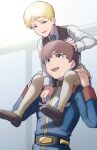  2boys absurdres amuro_ray blue_eyes blue_shorts brown_shoes brown_vest carrying casval_rem_deikun char_aznable child commentary_request dress_shirt earth_federation_space_forces full_body gundam highres looking_at_another lower_teeth_only male_focus military_uniform mobile_suit_gundam mobile_suit_gundam_the_origin multiple_boys necktie oh_syz open_mouth piggyback shirt shoes short_hair shorts smile teeth time_paradox tongue upper_body upper_teeth_only vest white_shirt 