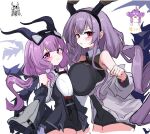  2girls arknights arknights:_endfield asymmetrical_docking bare_shoulders black_gloves black_hairband black_horns bone_hiko breast_press breasts detached_sleeves fake_horns framed_breasts gloves hairband horn_hairband horns large_breasts long_hair looking_at_viewer low_twintails multiple_girls purple_eyes purple_hair ringlets simple_background tail twintails typhoeus_(arknights) typhon_(arknights) white_background 