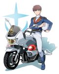  1boy absurdres alternate_costume amuro_ray belt black_belt blue_boots blue_jacket boots brown_hair char's_counterattack collar collared_shirt commentary_request cropped_jacket earth_federation full_body gundam helmet highres holding holding_unworn_helmet holster jacket lapels long_sleeves looking_to_the_side male_focus motor_vehicle motorcycle notched_lapels oh_syz pants red_collar shirt solo unworn_headwear unworn_helmet white_background white_pants white_shirt 