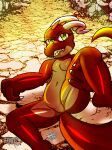 anthro butt claws clothed clothing digital_media_(artwork) faremertiuy featureless_crotch female finger_claws front_view hand_under_leg holding_leg horn knee_pulled_up kobold looking_at_viewer lying nude null on_back raised_leg scalie simple_background smile solo spread_legs spreading tail