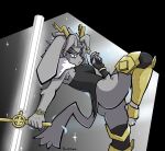 anthro antlers arm_tuft armor armpit_hair bangs big_breasts black_clothing body_hair bottomless bovid bracelet breasts butt capelet caprine clothed clothing diamond_pupils domestic_cat dream_breaker_(pseudoregalia) elbow_tuft eyebrows eyelashes felid feline felis female floppy_ears fur goat gold_(metal) grey_body grey_fur grey_nose hair half_dime hi_res horn hybrid jackalope jewelry lagomorph leg_armor leggings legwear leporid mammal martial_arts_pose pseudoregalia purple_eyes rabbit solo sparkles sybil_(pseudoregalia) tail thick_eyebrows thick_thighs tuft white_clothing