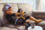 anthro avian avian_arms avian_caruncle avian_legs beak beverage biped bird breasts chicken claws clothed clothing coffee comb_(anatomy) controller feathered_body feathered_crest feathers feet female furniture galliform head_crest hi_res holding_object laid_back lying mostly_nude multicolored_body multicolored_feathers multicolored_tail nancy_(ahorribleperson) non-mammal_breasts on_back orange_body orange_feathers painterly phasianid relaxed_expression relaxed_pose relaxing remote_control sadnicole scuted_arms scuted_hands scuted_legs scutes sofa soft_lighting solo tail tail_feathers talon_hands talons toes topless topless_anthro topless_female towel towel_on_head underwear
