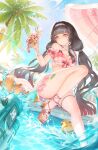  1girl absurdres bare_shoulders beach_umbrella bikini bikini_skirt black_hair blue_sky blush chisa_(peach_parfait)_(wuthering_waves) chisa_(wuthering_waves) closed_mouth colored_tips commentary cup day highres holding holding_cup knee_up long_hair looking_to_the_side multicolored_hair namipon_(wuthering_waves) outdoors palm_tree pink_bikini plaid_bikini plaid_clothes poolside rubber_duck sitting skirt sky solo swimsuit thighs tree twitter_username umbrella water_gun white_skirt wuthering_waves yorcat 