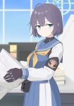  aqua_eyes armband black_gloves blue_archive blue_sailor_collar blue_serafuku blue_shirt blue_skirt blue_sky blurry blurry_background combat_helmet commentary_request cowboy_shot day from_side frown gloves green_halo halo helmet highres holding holding_unworn_helmet indoors inupoyo long_sleeves looking_at_viewer looking_to_the_side neckerchief office purple_hair sailor_collar saki_(blue_archive) school_uniform serafuku shirt short_hair skirt sky undershirt unworn_headwear unworn_helmet white_helmet window yellow_neckerchief 