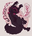 2026 anthro big_breasts black_body black_hair breasts chest_tuft claws domestic_cat english_text eyes_closed felid feline felis female fluffy fluffy_tail hair hi_res long_tail lunar-orca mammal multicolored_hair nipples open_mouth pawpads paws pink_hair pink_nipples pubes raised_hand short_hair signature simple_background slightly_chubby slightly_chubby_female solo speech_bubble stretching tail text tuft whiskers white_background yawn