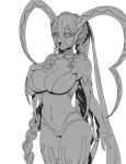  1girl absurdres braid breasts choker cleavage curled_horns fate/grand_order fate_(series) greyscale hair_between_eyes highleg highleg_panties highres horns jewelry large_breasts larva_tiamat_(fate) long_hair minew monochrome navel open_mouth panties pendant pointy_ears shrug_(clothing) sidelocks solo stomach_tattoo striped_clothes striped_sleeves striped_thighhighs symbol-shaped_pupils tattoo thighhighs thighs tiamat_(fate) tiamat_(third_ascension)_(fate/grand_order_arcade) underwear very_long_hair 