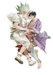  2boys asagiri_gen bandaged_arm bandages barefoot black_hair coat dr._stone english_commentary face-to-face facial_mark flower full_body green_hair highres holding holding_another's_wrist holding_flower ishigami_senkuu male_focus multicolored_hair multiple_boys open_clothes open_coat pants purple_coat short_hair short_sleeves simple_background smile split-color_hair tunic white_background white_hair white_pants xiangrikui_helianthus 