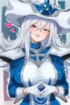  1girl absurdres bamboo_tac blue_dress blue_gem blush breasts brown_eyes dress duel_monster gem gloves grey_hair hat heart highres large_breasts long_hair long_sleeves looking_at_viewer open_mouth silent_magician silver_trim smile solo tabard taut_clothes taut_dress white_gloves white_hat white_tabard witch witch_hat yu-gi-oh! 